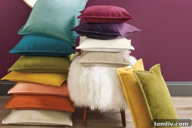 Velvet Pillows and Ottoman for a Cozy Living Room