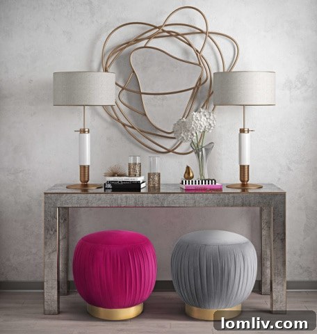 Pink and Gray Tulip Ottomans with Velvet Upholstery
