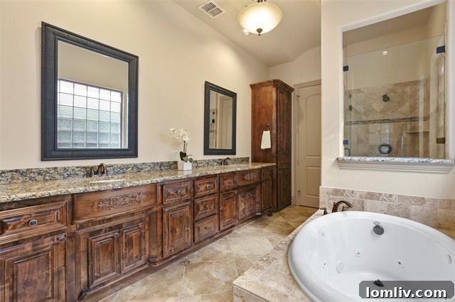 Spa-like ensuite bathroom with dual vanities and modern fixtures