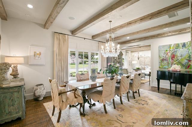 Dining area featuring white duck slipcovers and elegant decor