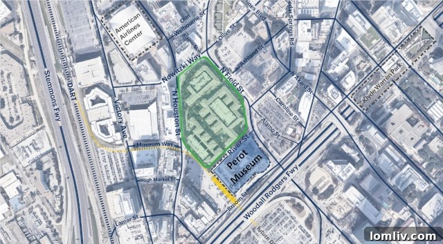 Oak Lawn Committee Eyes Knight Street and Night Sky Upgrades 4 Map highlighting the 11-acre site of The North End project in Dallas, showing its location north of the Perot Museum