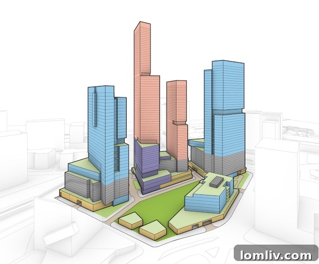 Oak Lawn Committee Eyes Knight Street and Night Sky Upgrades 5 Detailed architectural plan of The North End showing the four main buildings and central green space