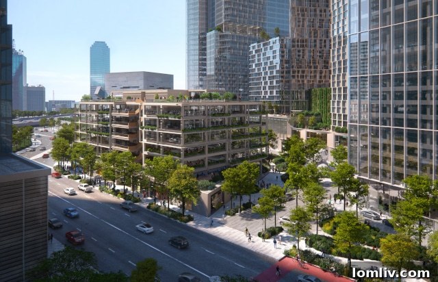 Oak Lawn Committee Eyes Knight Street and Night Sky Upgrades 6 Architectural rendering of The North End's innovative 85-foot wooden 'ply-rise' building with green balconies