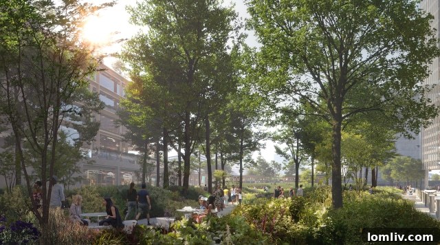 Oak Lawn Committee Eyes Knight Street and Night Sky Upgrades 7 Rendered view of the central park in The North End, showing mature trees, rolling hills, and walkways