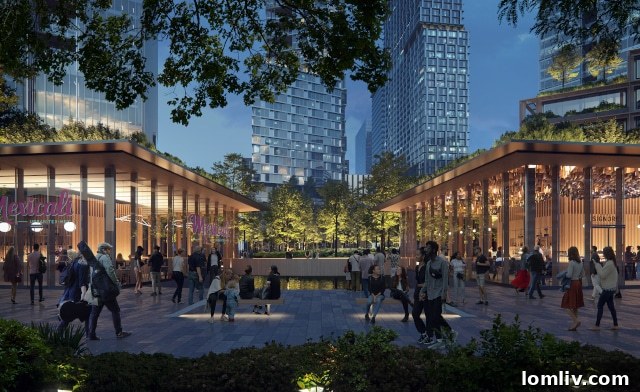 Oak Lawn Committee Eyes Knight Street and Night Sky Upgrades 8 Illustration of single-story restaurant pavilions bordering The North End's green space, facing the Perot Museum