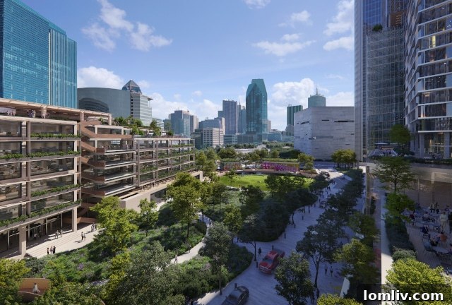 Oak Lawn Committee Eyes Knight Street and Night Sky Upgrades 9 Aerial perspective of The North End project, highlighting the architectural layout and view corridors towards downtown Dallas