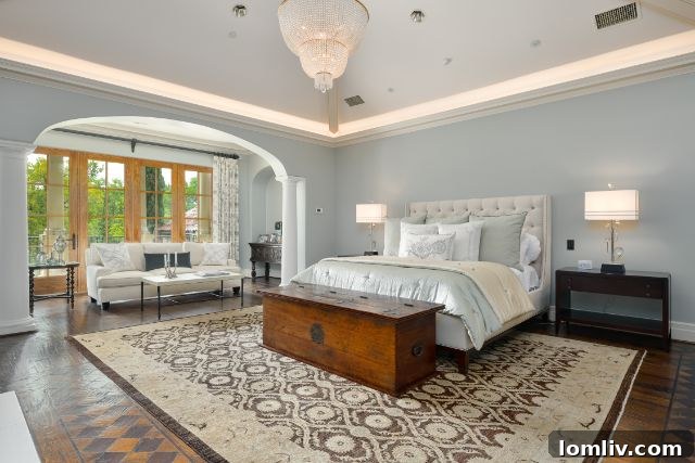 Luxurious master bedroom with a private balcony overlooking the estate grounds