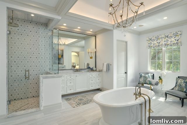 Opulent master bathroom featuring a free-standing tub, dual vanities, and high-end finishes