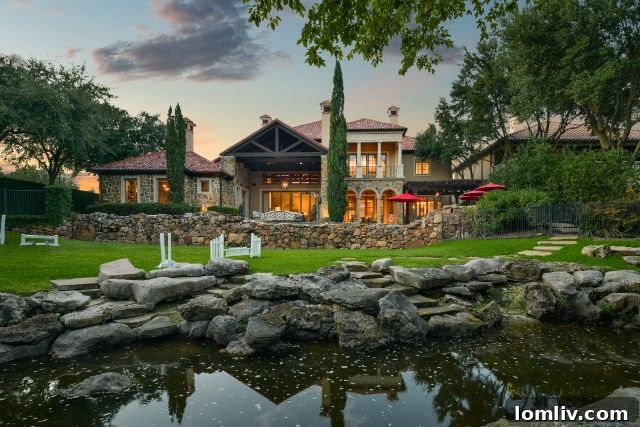 Architectural detail of the grand entrance and stone facade of the luxury Dallas estate