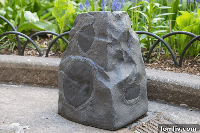 Outdoor rock speakers blending with landscaping