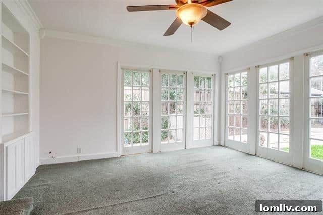 Elegant dining room with wrap-around picture windows, offering abundant natural light.