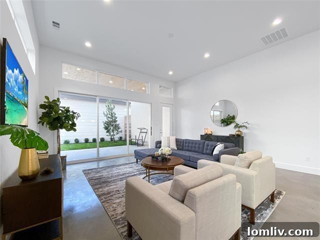 Spacious living room in the new Oak Lawn construction with high ceilings and abundant natural light.