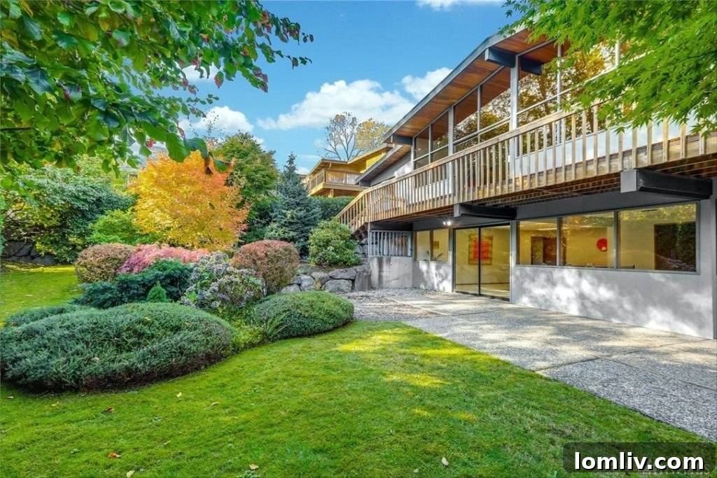 Exterior view of a Mid-Century Modern house with large windows