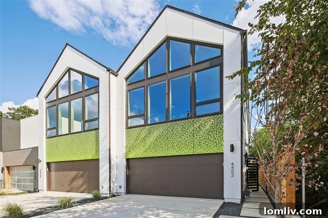 Exterior view of a sleek, modern duplex at 4402 Capitol Ave in East Dallas, featuring contemporary architecture and clean lines