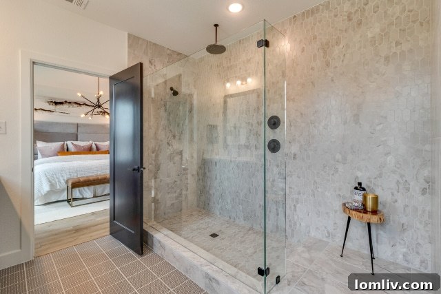 Luxurious master bathroom with a spacious Super Shower in an Edgewater model home