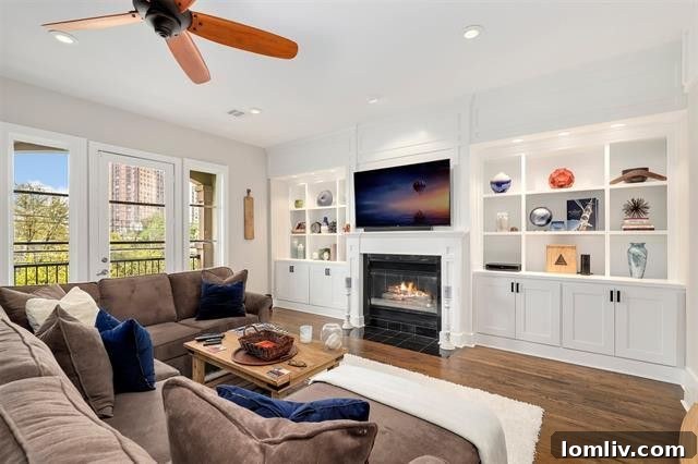 Spacious and sun-drenched living room with hardwood floors and elegant built-ins in the $550K Oak Lawn townhome