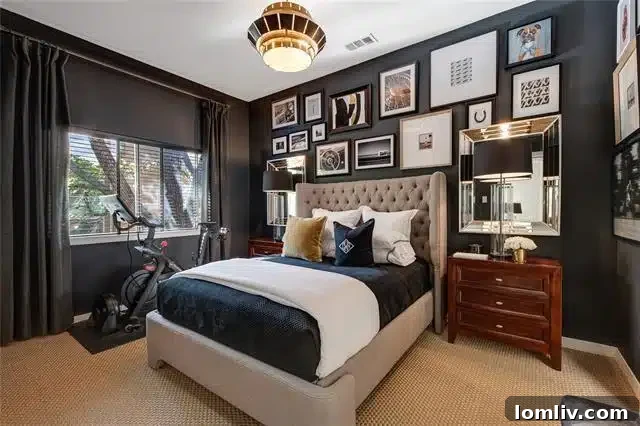 Stylish living room of Dallas condo with dark floors, bright walls, and modern decor