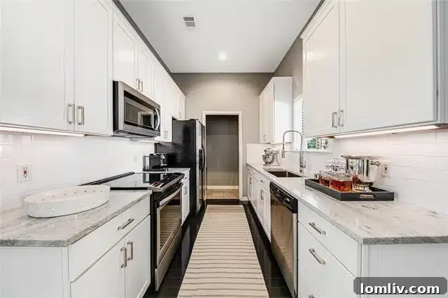 Modern kitchen with granite countertops, stainless steel appliances, and sleek cabinetry in renovated Dallas condo