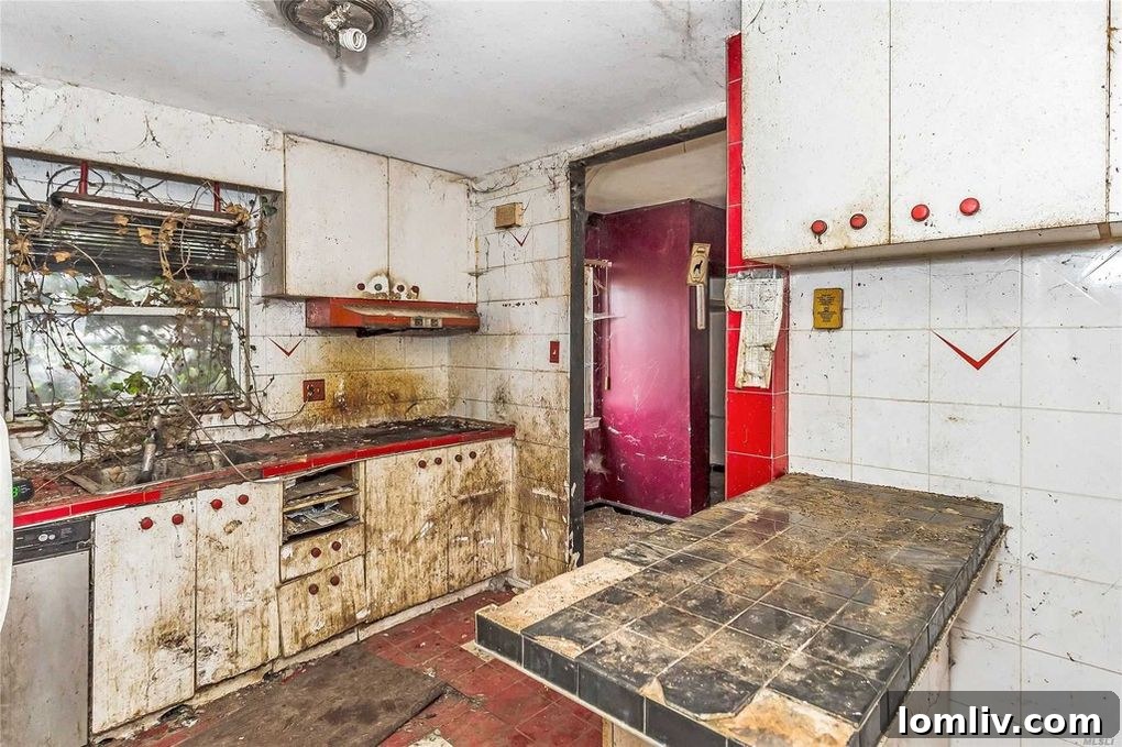 Interior view of the extremely damaged kitchen with extensive plant growth