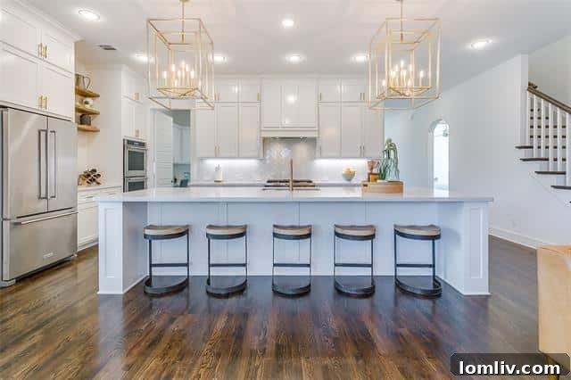 Gourmet kitchen in the Walsh Modern Farmhouse, featuring white custom cabinetry, quartz island, and gas stove