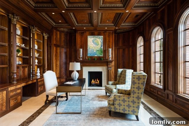 The grand study with rich mahogany paneling
