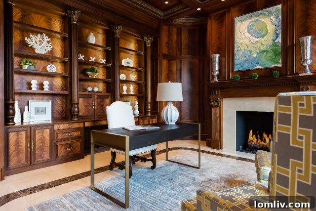 Intricate details of the custom mahogany woodwork