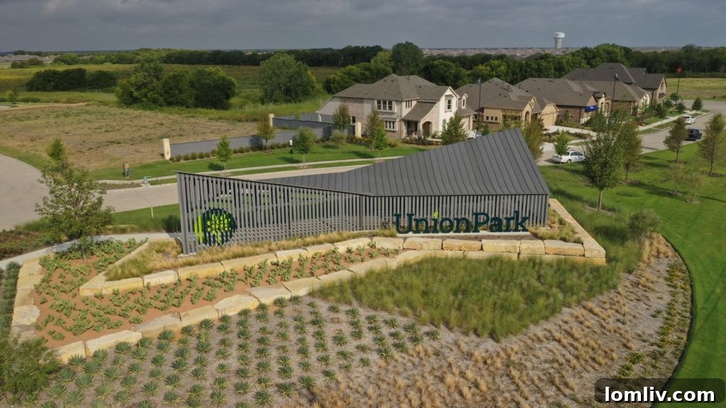 Arial view of Union Park master-planned community showing green spaces and residential areas