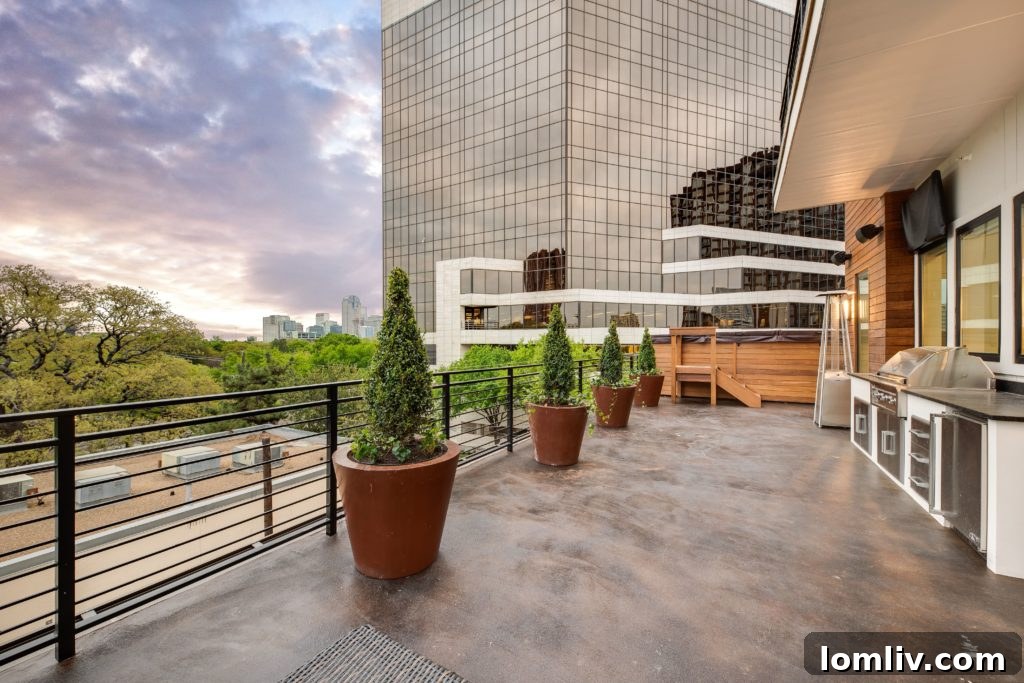 Rooftop terrace with downtown Dallas skyline