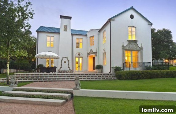 Grand exterior of 4001 Turtle Creek Boulevard, a luxury Dallas home with blue-tiled roof and white stucco