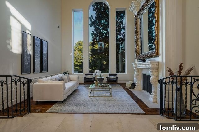 Spacious living area with fireplace and large windows overlooking the lush exterior.