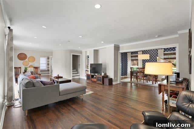 Experience the open and inviting living spaces of this Dallas home, designed for seamless entertaining. Featuring abundant natural light, elegant hardwoods, and custom built-ins, it creates a welcoming atmosphere for gatherings.