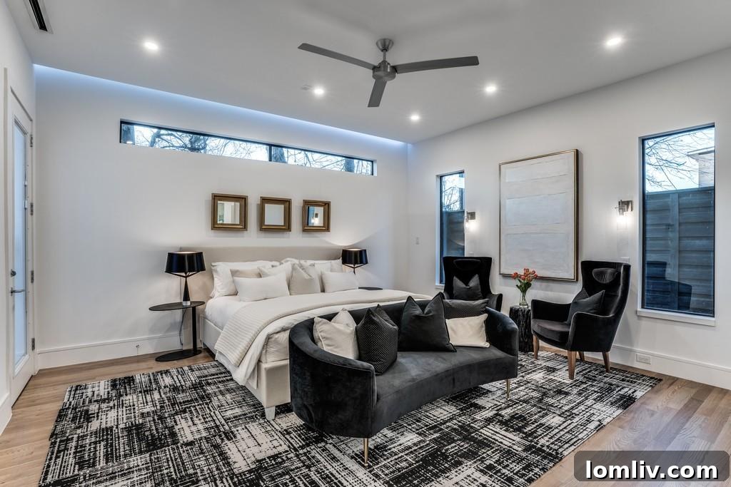 Luxurious owner's suite bedroom with natural light