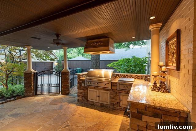 Expansive Covered Outdoor Living Area with Fireplace and Dining Zone