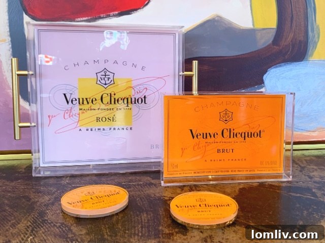 Acrylic trays and coasters featuring the iconic Veuve Clicquot label