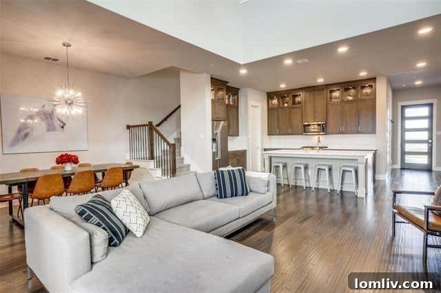 Spacious open-concept living area with high ceilings and hardwood floors