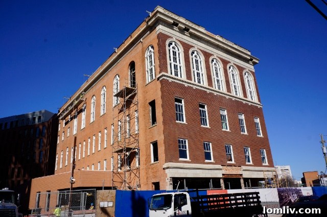 Close-up of the restored classical ornamentation on the Pittman Hotel facade