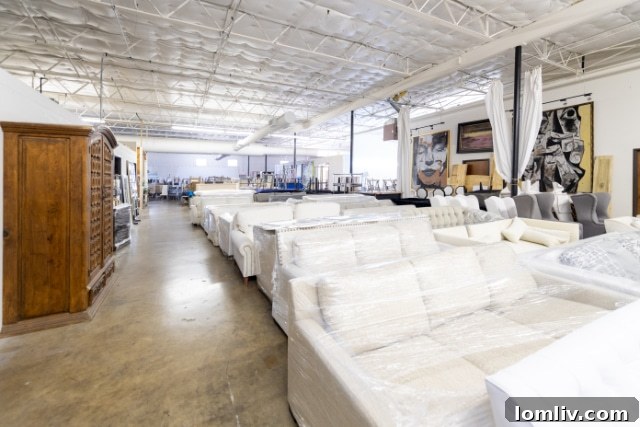 A section of the expansive George Bass Stage & Design warehouse, highlighting their vast inventory of luxury staging items.