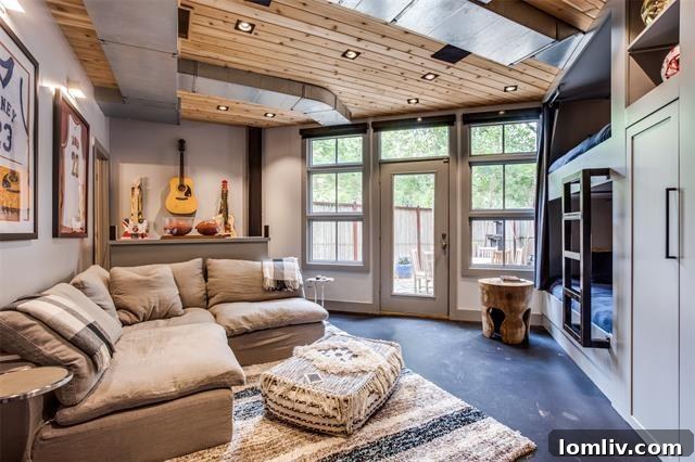 Three-Story Haven Where Only The Views Reign Supreme 13 Ground floor bedroom with built-in bunk beds and access to a fenced backyard