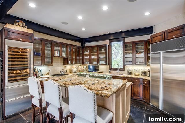 Three-Story Haven Where Only The Views Reign Supreme 7 Gourmet kitchen with large island, seating, and Sub-Zero wine cellar
