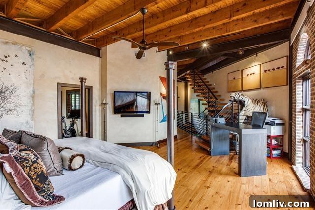 Three-Story Haven Where Only The Views Reign Supreme 8 Luxurious master bedroom with arched windows and exposed wooden beams
