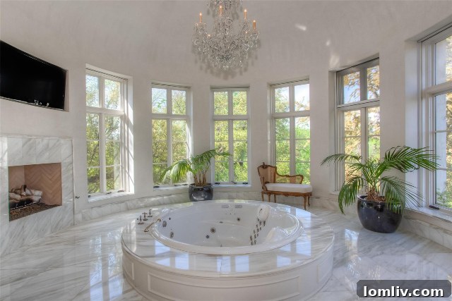 Luxurious master bathroom with a jetted tub, marble floors, a flat screen TV, and a unique fireplace at 44 Valley Ridge Road.
