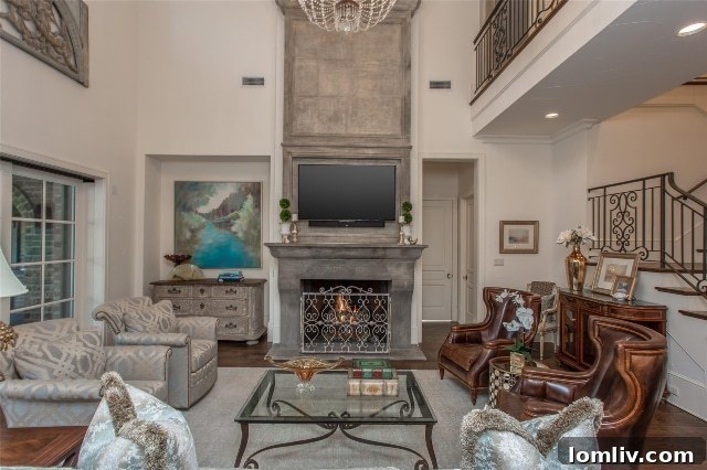 Majestic stone fireplace with an ornate mantel, serving as the grand centerpiece of the living room at 2925 Owenwood Drive.