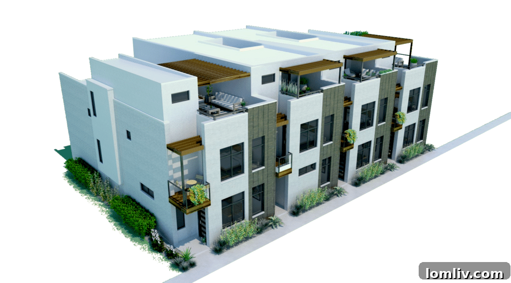 The Crossings at Greenville townhomes in Richardson, Texas, featuring rooftop terraces