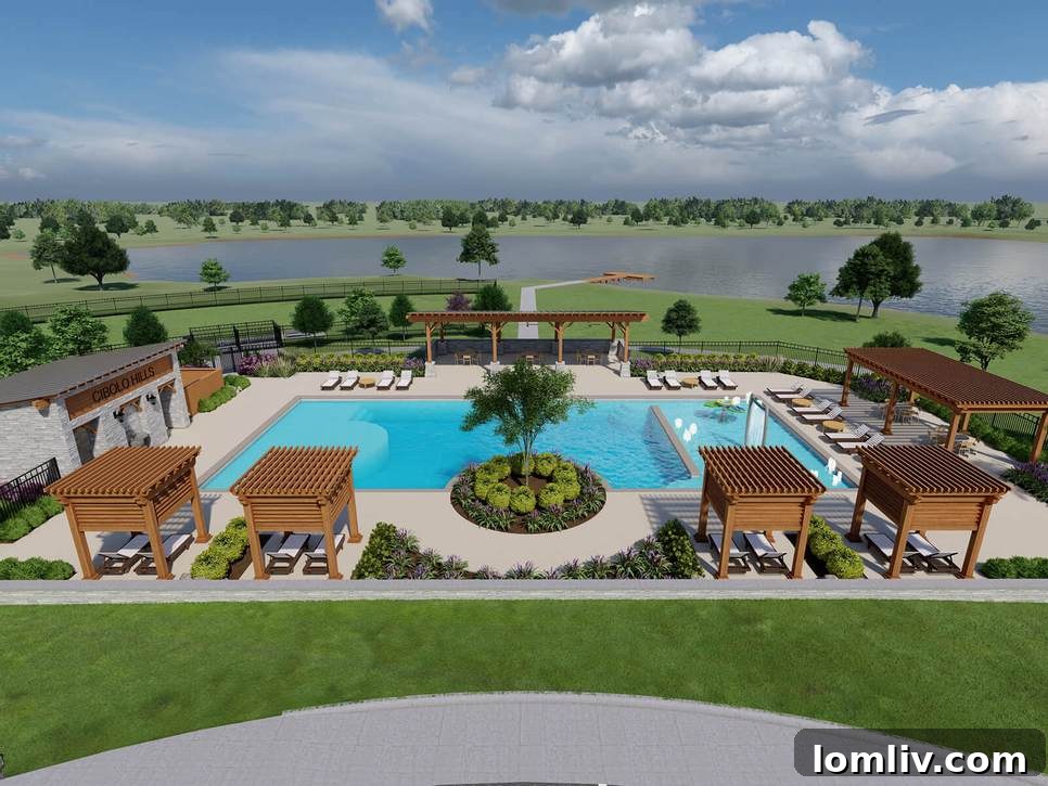 Developers Co-Develop Eagle Mountain Lake Master-Planned Community 2 An inviting architectural rendering of the state-of-the-art amenity center at Cibolo Hills, featuring a sparkling resort-style swimming pool, comfortable lounge chairs under pergolas, and lush green spaces, all designed to foster community engagement and relaxation near Eagle Mountain Lake.