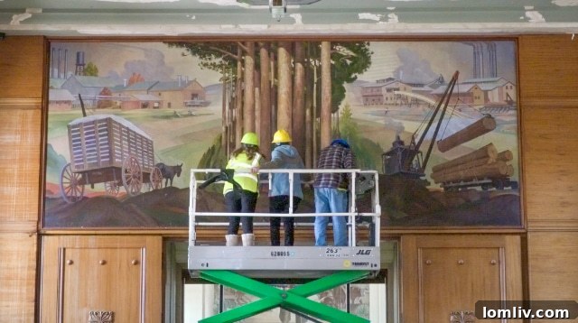 Art conservators meticulously examining the Olin Herman Travis mural at the Hall of State