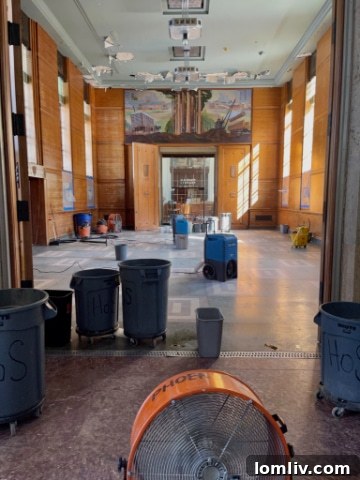 Severely water damaged area inside the Hall of State where the fire sprinklers broke