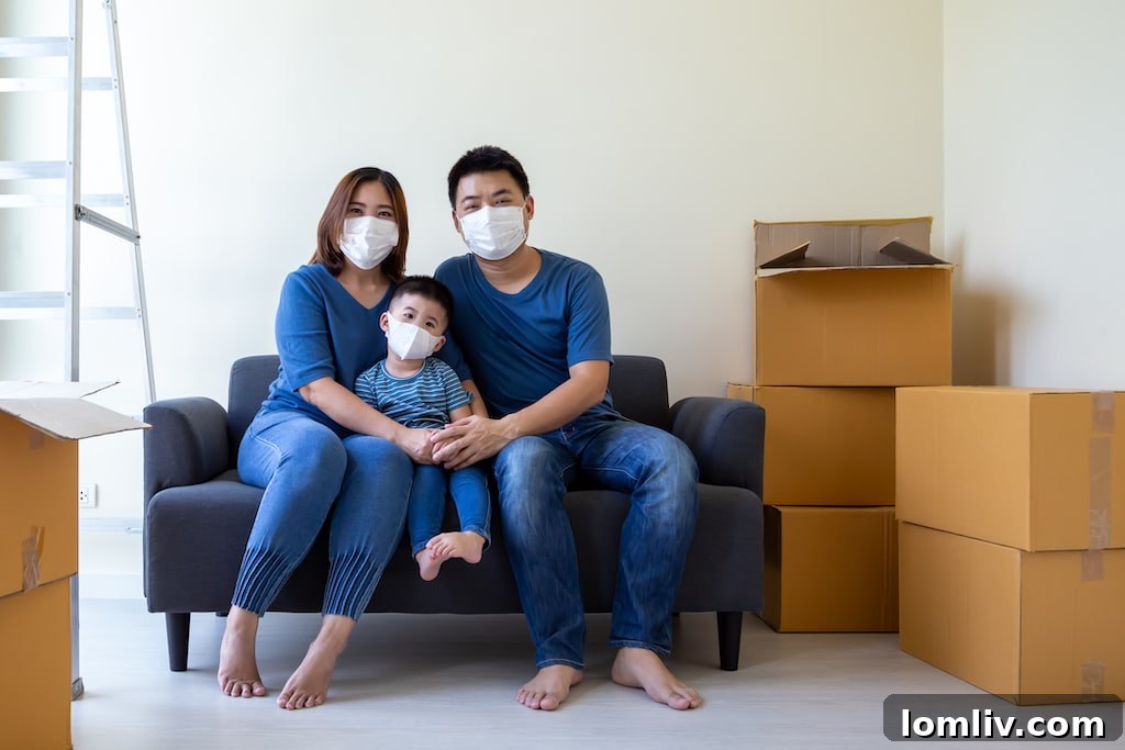 A family wearing face masks and moving boxes, symbolizing the changes in home life and real estate during the pandemic.
