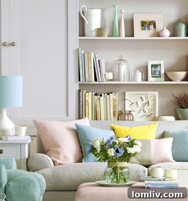 Living room adorned with a plethora of pastel pillows and soft furnishings for spring