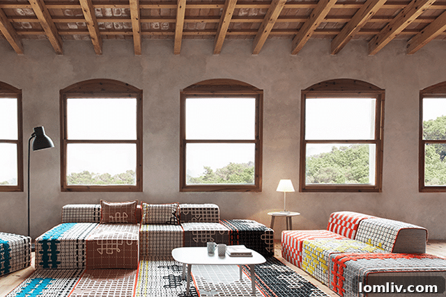 Versatile pillows and modular rugs from the Bandas collection by Scott & Cooner