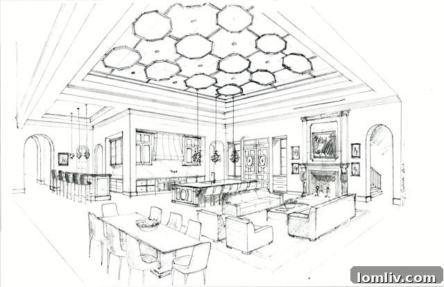 Detailed rendering of a luxury kitchen and bar for grand entertaining